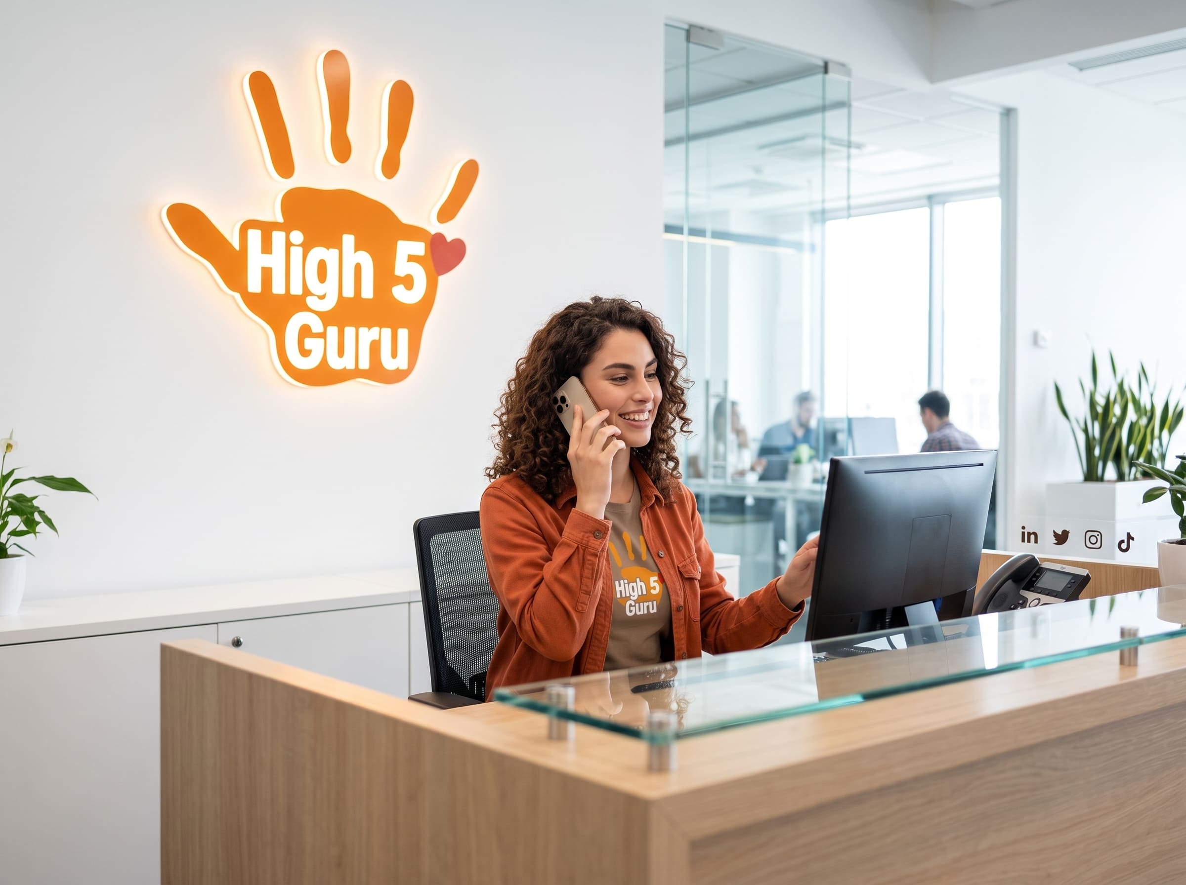 High5Guru receptionist talking to clients on phone